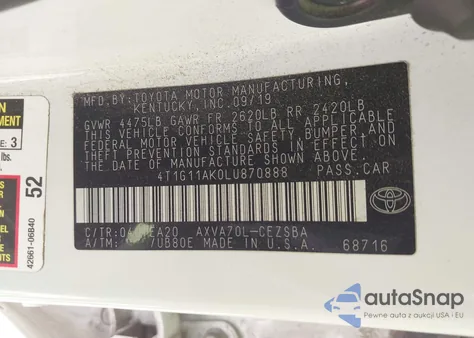 2020 Toyota Camry Se z USA, uszkodzony, nr VIN 4T1G11AK0LU870888